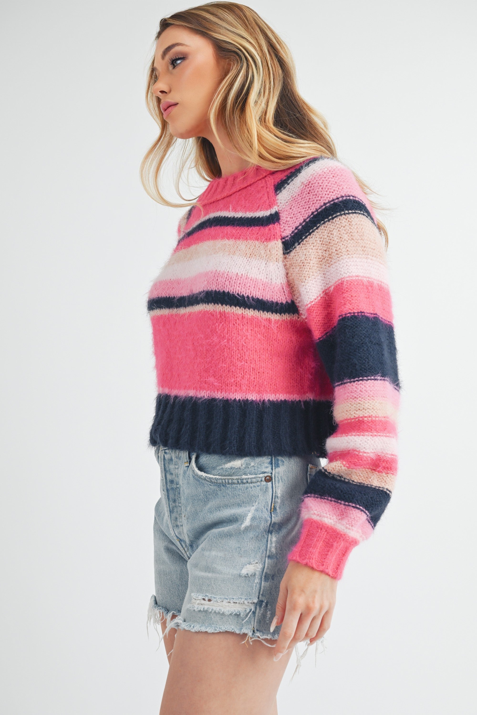 Striped Ribbed Neckline Raglan Sleeve Sweater