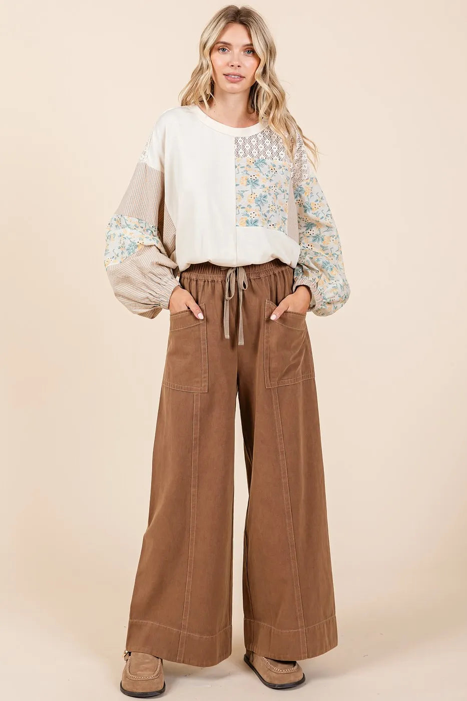Mineral Wash Wide Leg Elastic Waist Twill Pants
