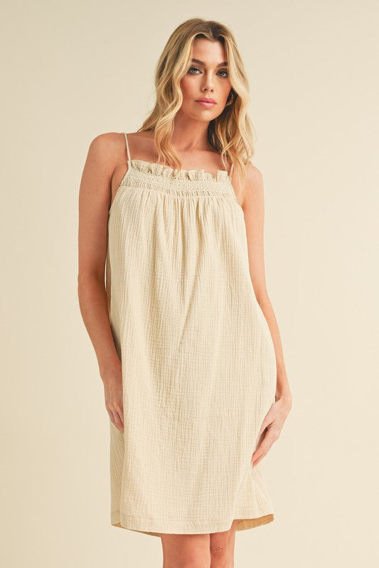 Embroidered Trim Gauze Square Neck Mini Cami Dress