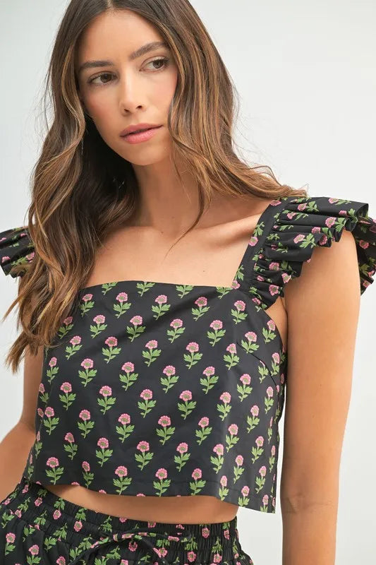 Floral Print Ruffle Top and Pants Set