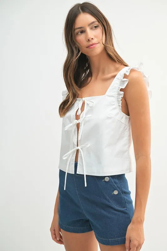 Poplin Ruffle Strap Front Self Tie Top
