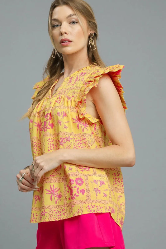 Floral Ruffle V-Neck Cap Sleeve Top