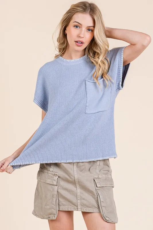 Solid Cap Sleeve Stitch Edge Knit Sweater