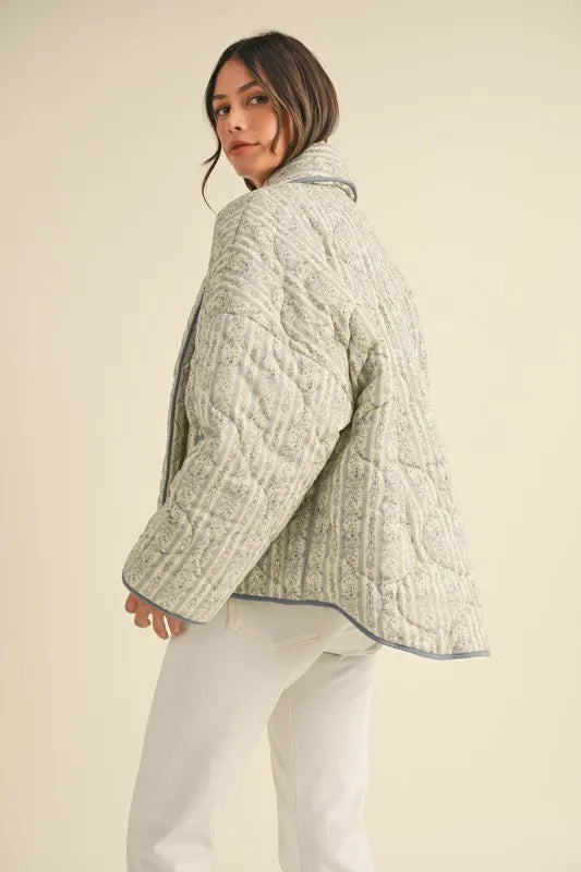 Floral Printed Quilted Open Front Jacket