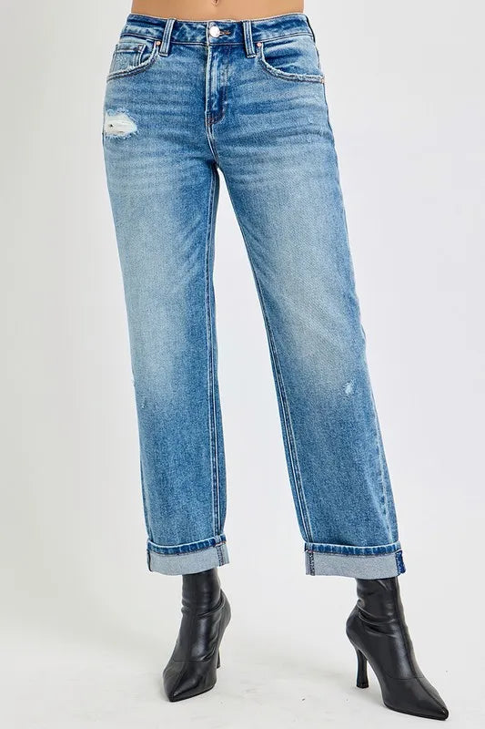 High Rise Ankle Boyfriend Distressed Jeans