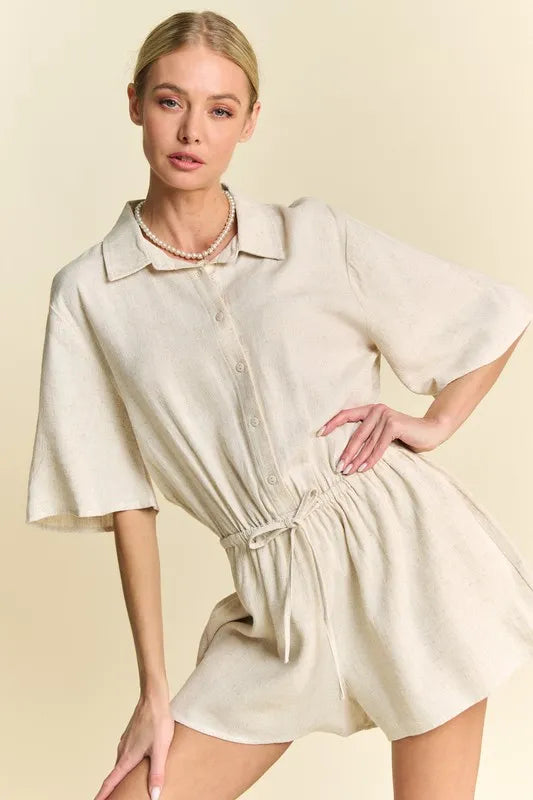 Drawstring Waist Button-Down Shirt Romper