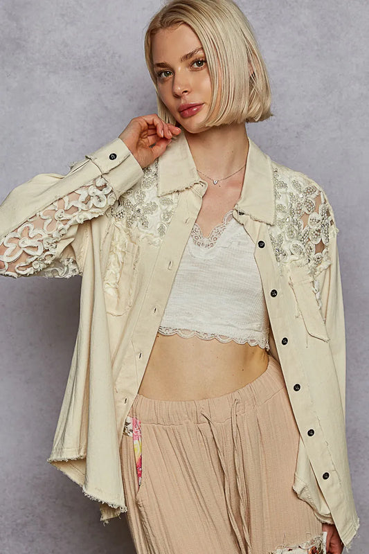 Pearl Lace Patch Vintage Boho Button-Up Blouse