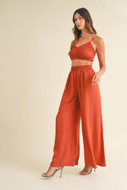 Smocked Bralette Crop Top and Wide Leg Pants Set