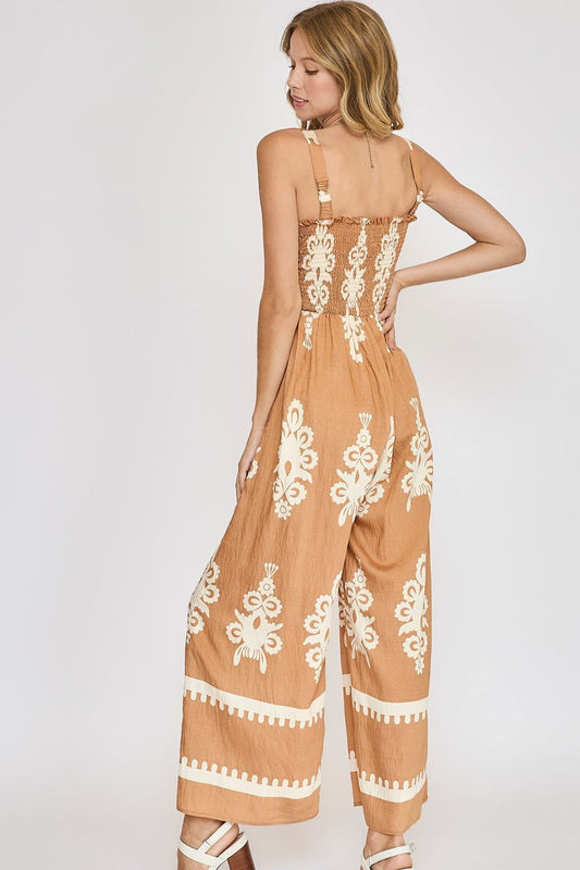 Full Size Smocked Printed Wide Leg Jumpsuit Plus Size