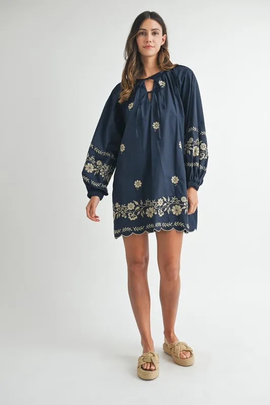 Embroidered Long Sleeve Peasant Mini Dress