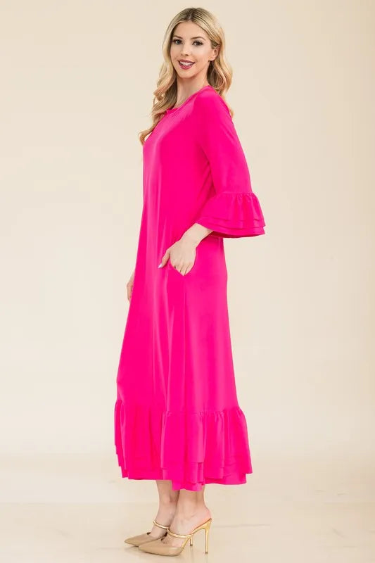 Full Size Modest Midi Dress with 3/4 Ruffle Bell Sleeves Plus Size