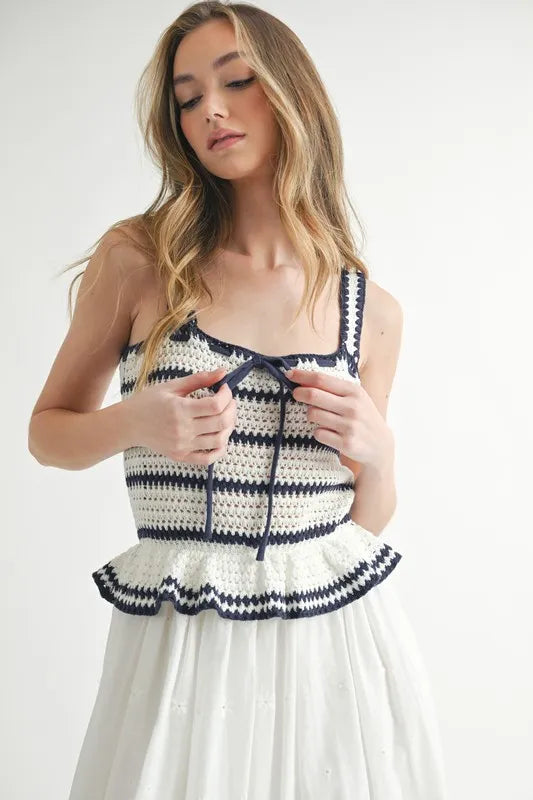 Crochet Stripe Knit Eyelet Mix Midi Dress