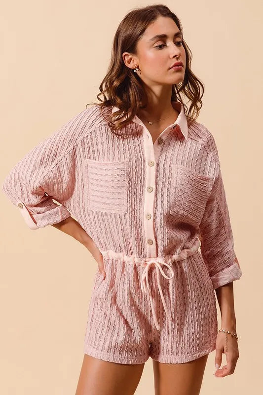 Textured Knit Button Front Romper