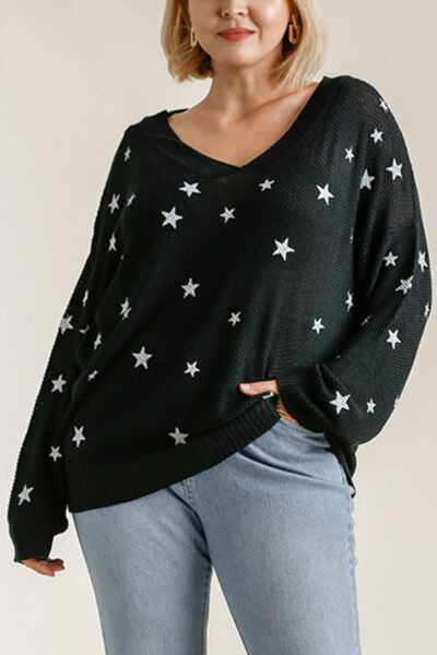 Full Size Star V-Neck Long Sleeve Sweater Plus Size