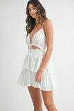 Lace Eyelet Ruffle Mini Dress With Front Cutout