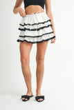 Poplin Ruffle Layered Contract Lace Trim Mini Skirt