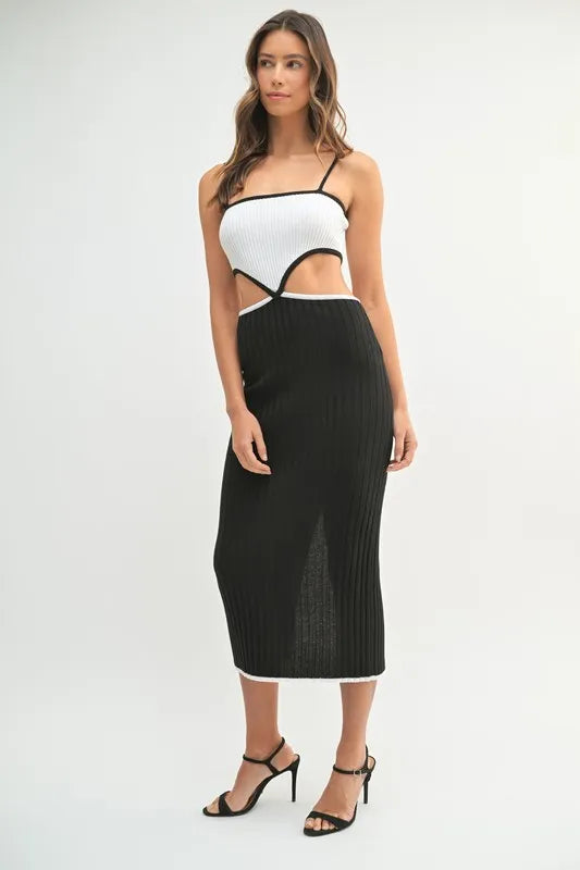 Ribbed Knit Color Block Cutout Midi Dress