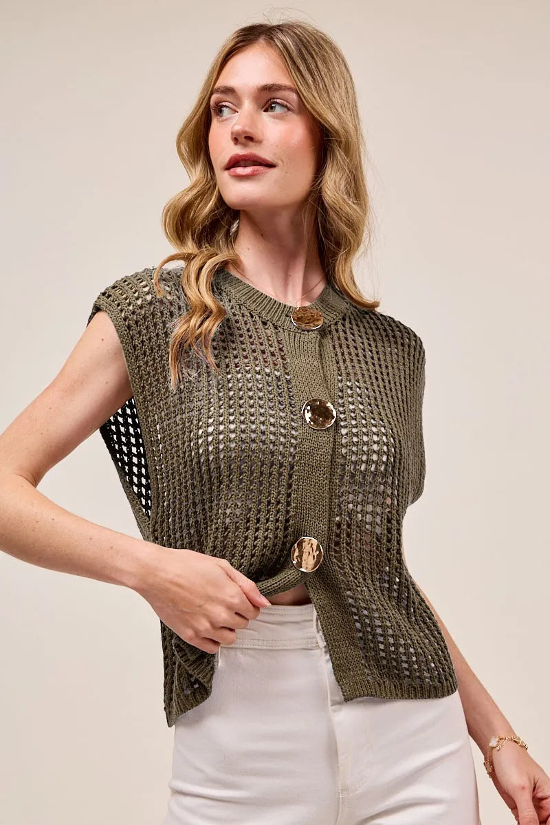 ME Bold Button Front Knit Openwork Vest