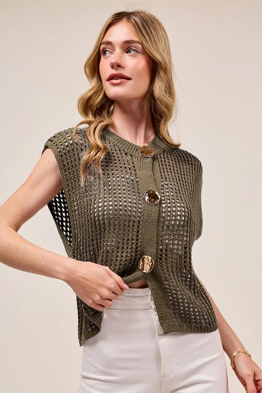 ME Bold Button Front Knit Openwork Vest