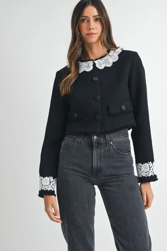 Lace Trim Collar Tweed Crop Jacket