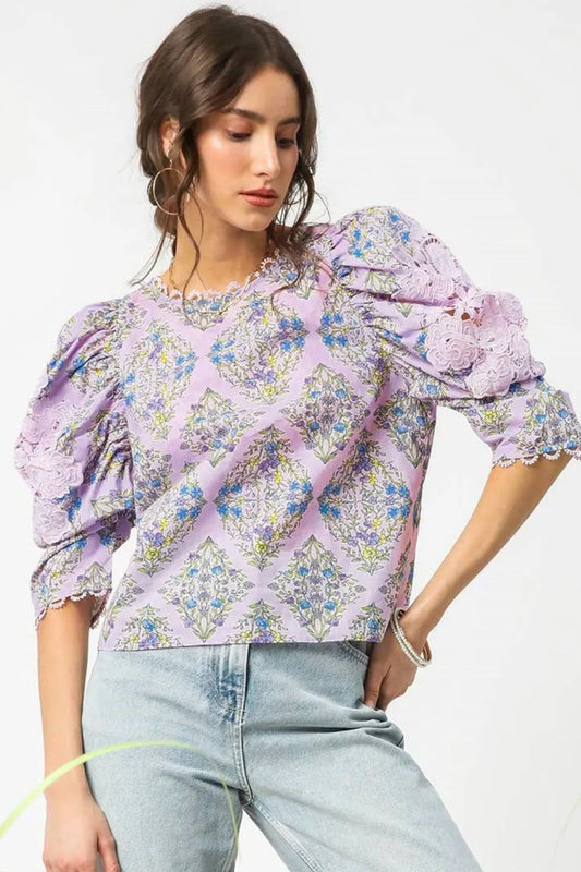 Printed Lace Puff Sleeve Blouse