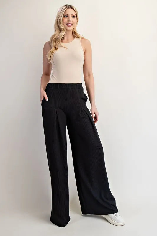 Full Size Ribbed Wide-Leg Pants with Pockets Plus Size