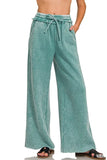 Acid Wash Fleece Palazzo Sweatpants with Pockets