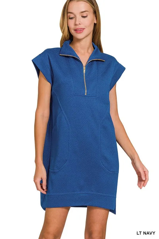 Textured Knit Jacquard Quarter Zipper Mini Dress