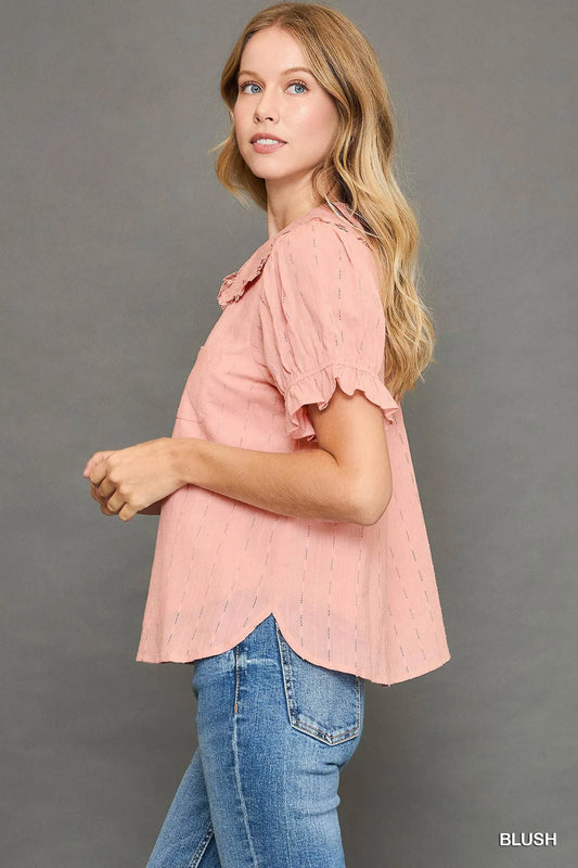 Button-Up Peter Pan Collar Textured Shirt with Ruffle Accents