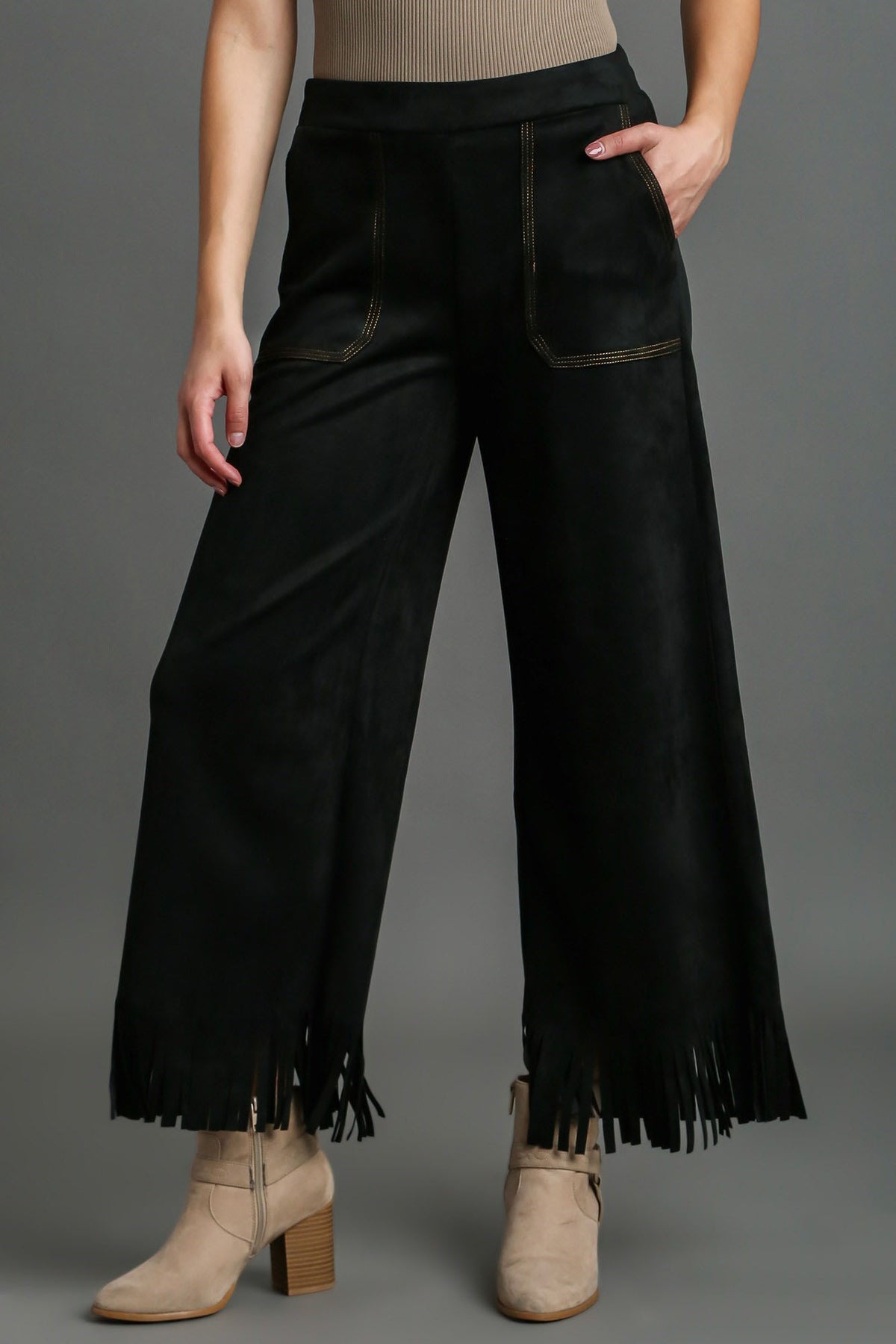 Full Size Suede Fringe Hem Wide Leg Pants Plus Size