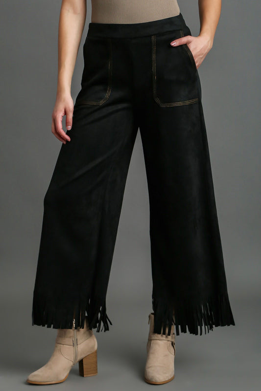 Full Size Suede Fringe Hem Wide Leg Pants Plus Size