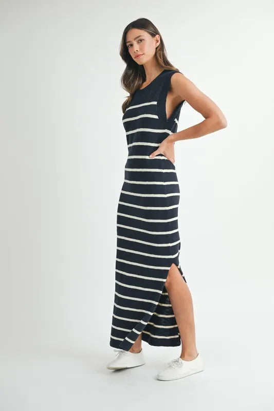 Sleeveless Stripe Sweater Maxi Side Slit Dress