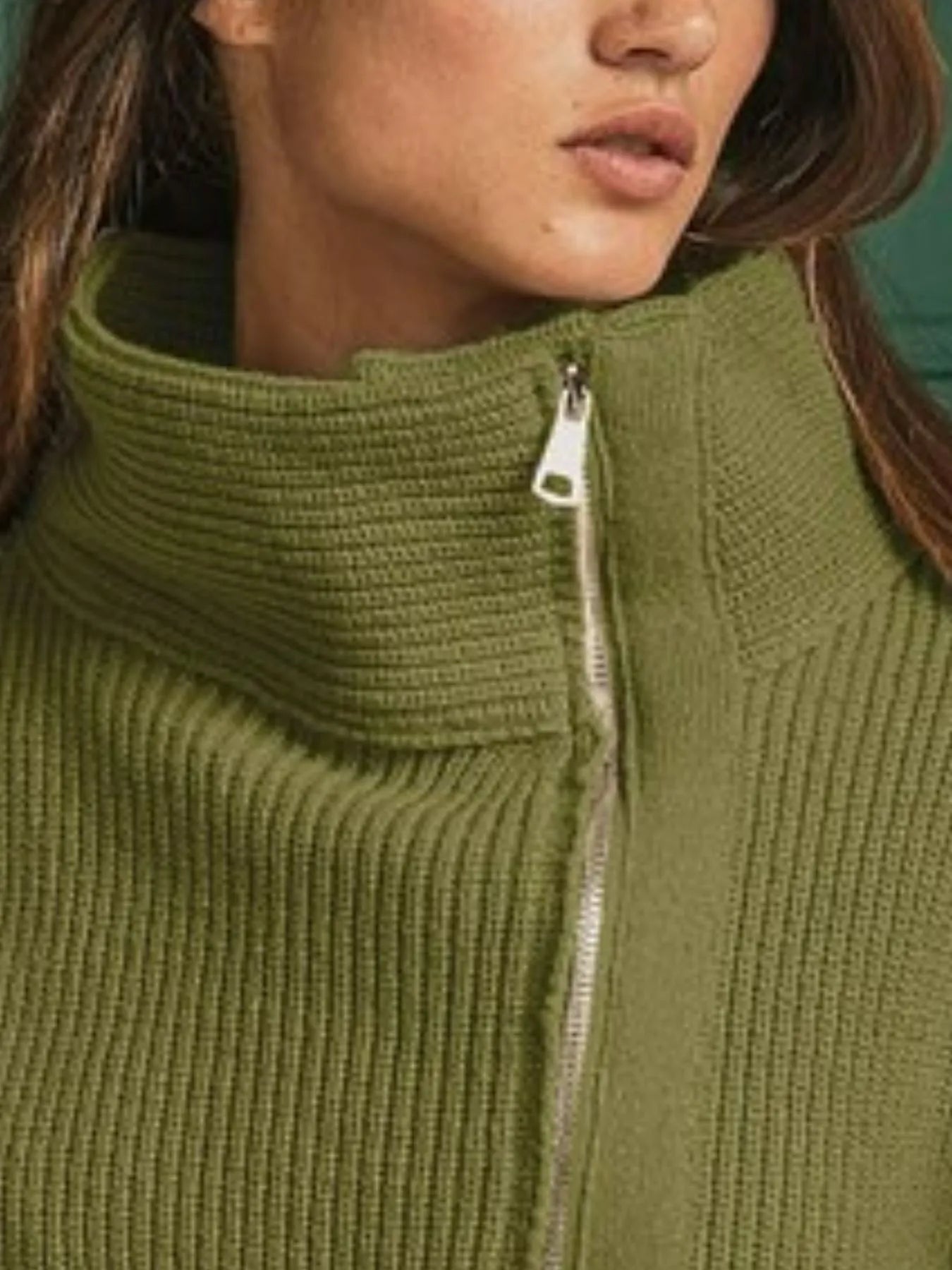 High-Neck Ribbed Zip-Up Sweater Jacket