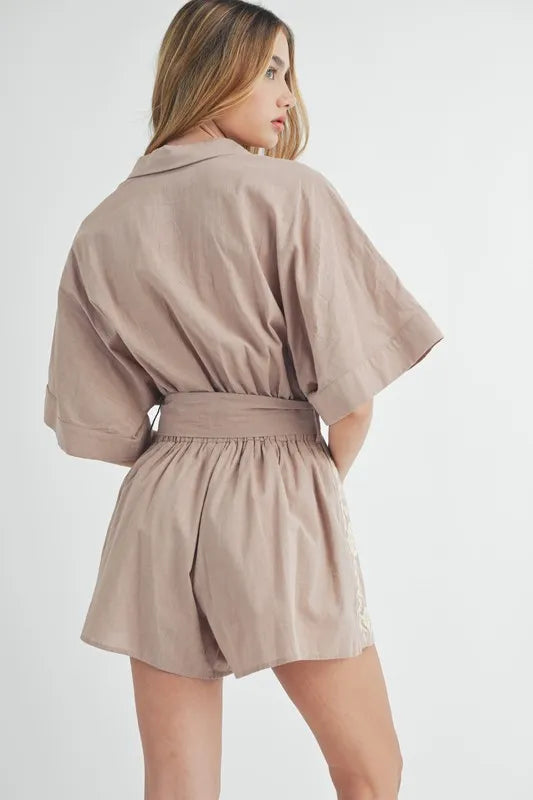 Embroidered Button Down Collared Neck Romper