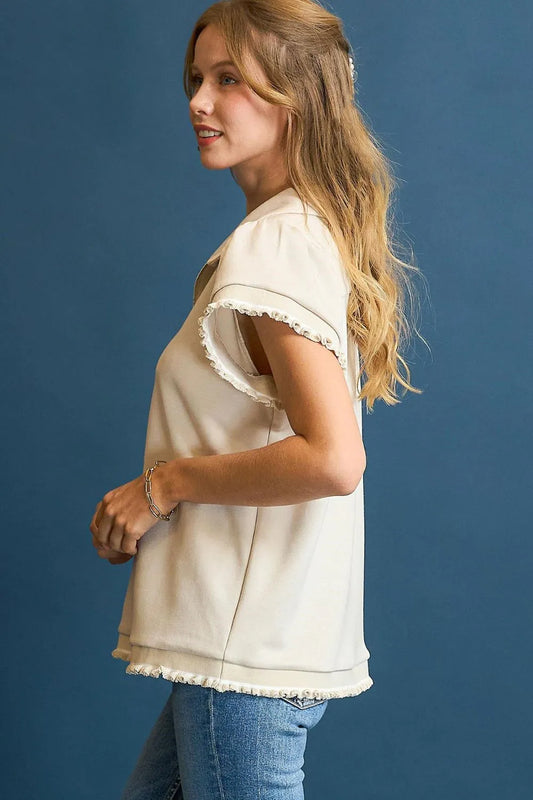 Frayed Hem Half-Zip Collar Top