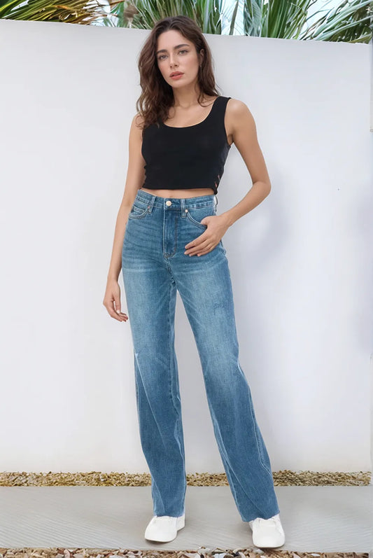 Full Size Tummy Control Cut Raw Hem Straight Jeans
