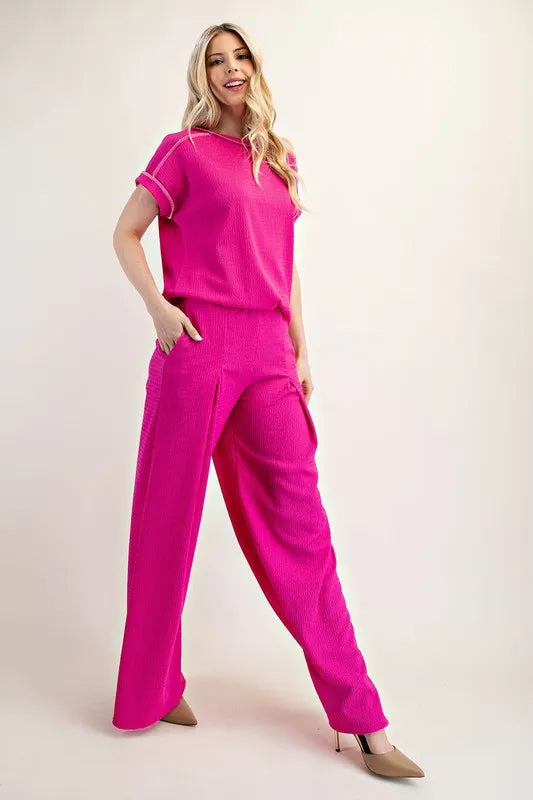 Textured Wide-Leg Pants with Pockets