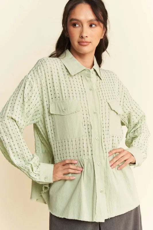 Garment Washed Jacquard Button Front Shirt