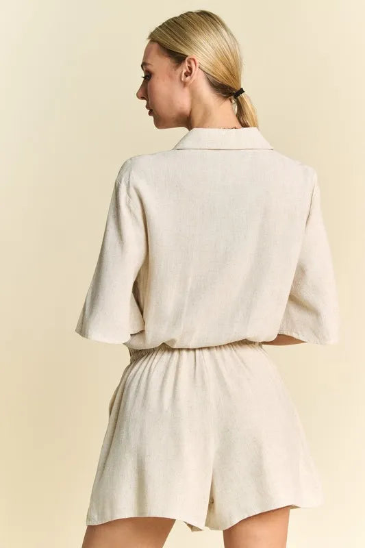 Drawstring Waist Button-Down Shirt Romper