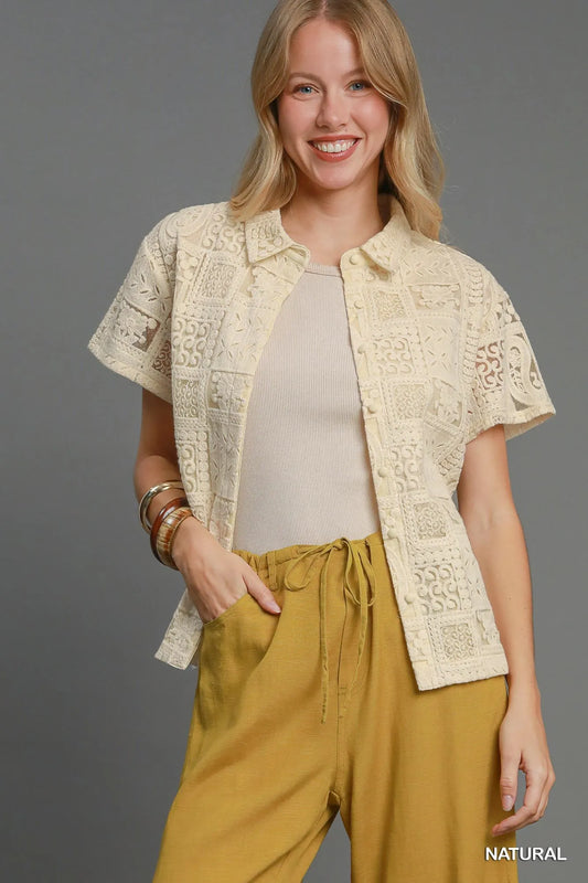 Patch Lace Short Sleeve Button-Up Shirt