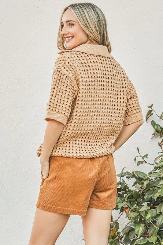 Hollow Out Polo Sweater Top