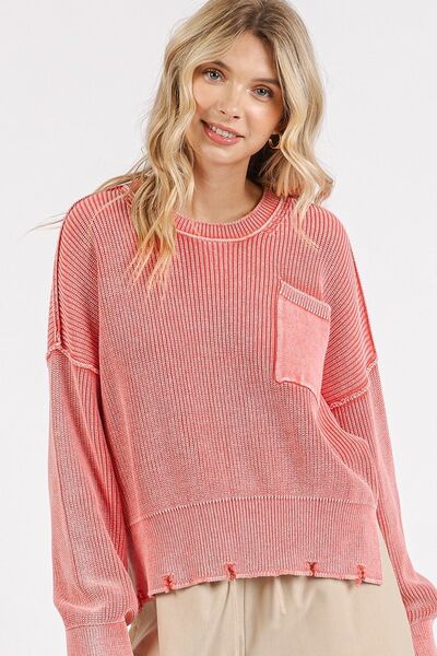 Mittoshop Distressed Hem Round Neck Dropped Shoulder Sweater