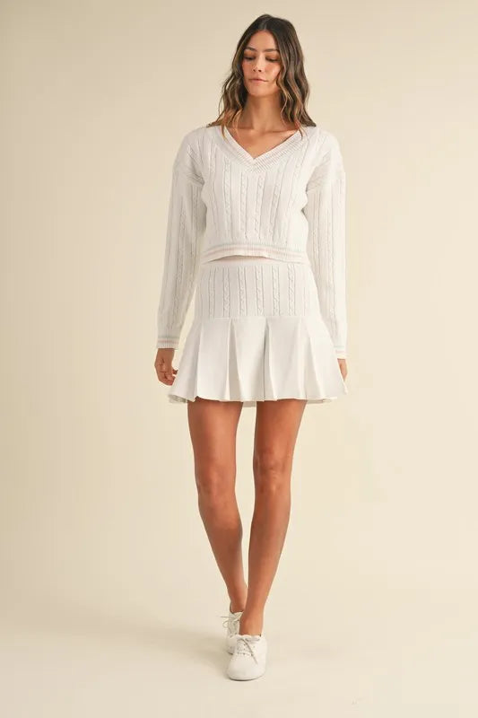 V-Neck Varsity Crop Knit Sweater and Skirt Set