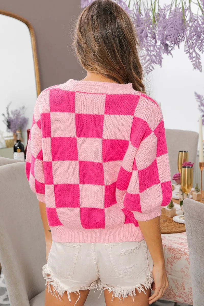 Check Pattern Short Puff Sleeve Sweater Top