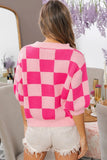 Check Pattern Short Puff Sleeve Sweater Top