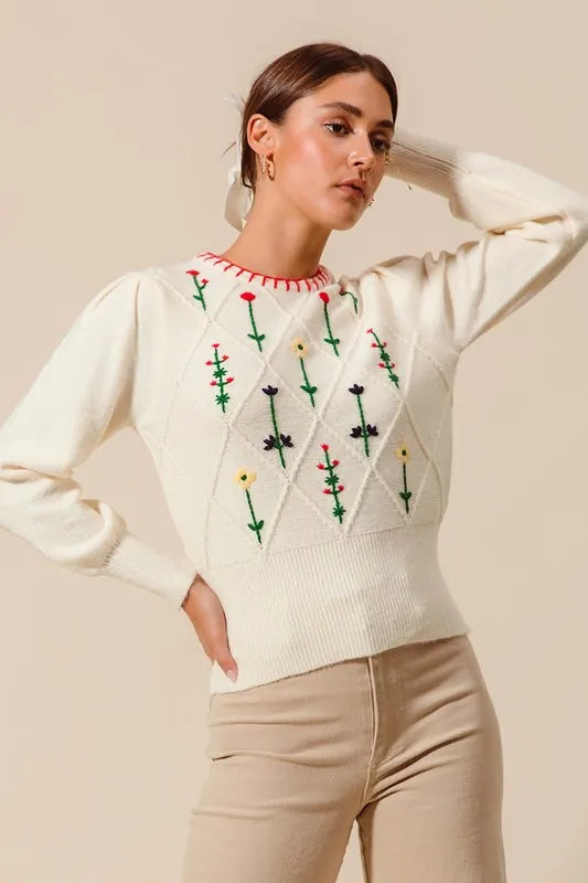 Small Flower Embroidered Sweater Top