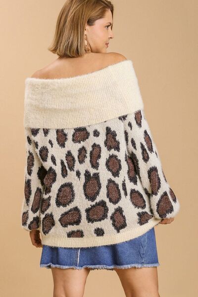 Full Size Leopard Off-Shoulder Long Sleeve Sweater Plus Size