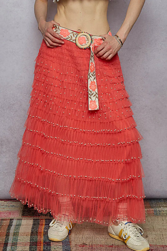 Pearl-Embellished Tiered Ruffle Maxi Skirt