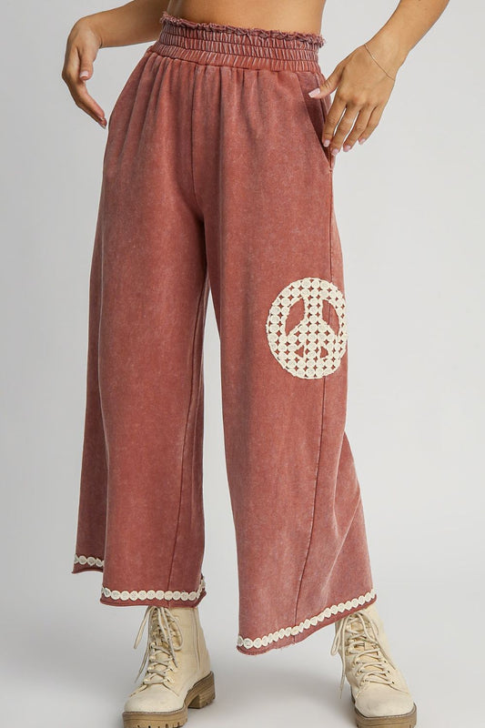 Full Size Peace Lace Applique Mineral Wash Wide Leg Pants Plus Size