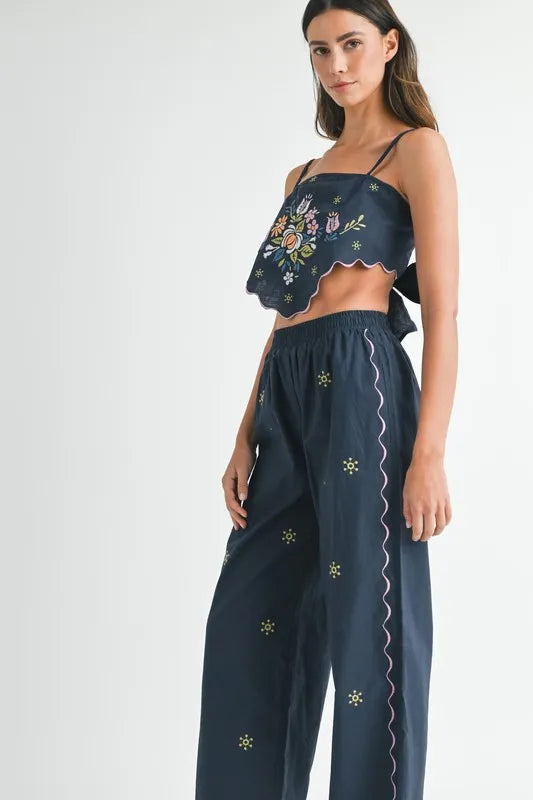 Linen Embroidered Scarf Top and Pants Set
